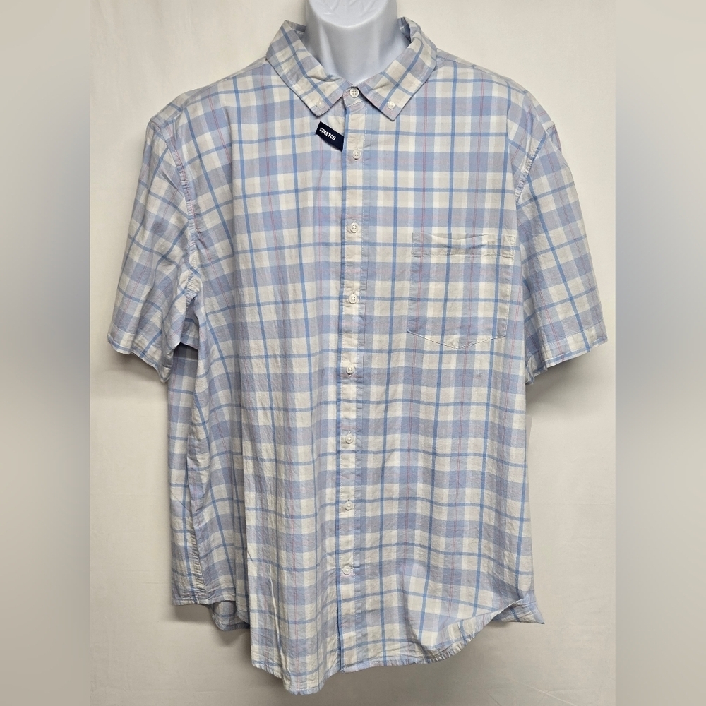 George 3XL 54-56 Short Sleeve Button Down Shirt Plaid Poplin Stretch Cotton